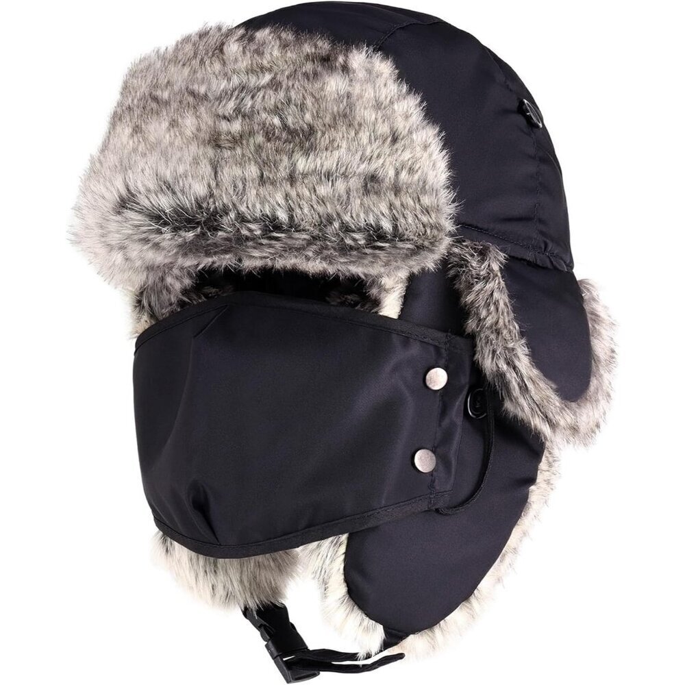 Men Black Unisex Waterproof Ushanka Trapper Hat with Ear Flaps & Chin Strap